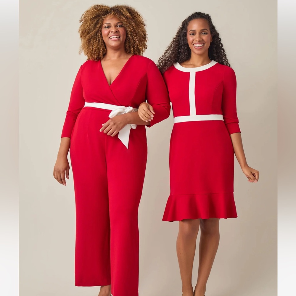 Kasper Red Ruffled Sheath Dress with 3/4 Sleeves Med